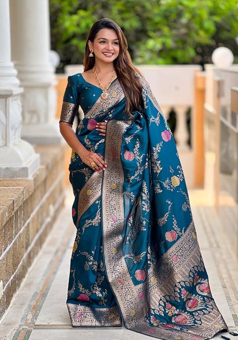 Teal Blue Embroidered Silk Saree Set