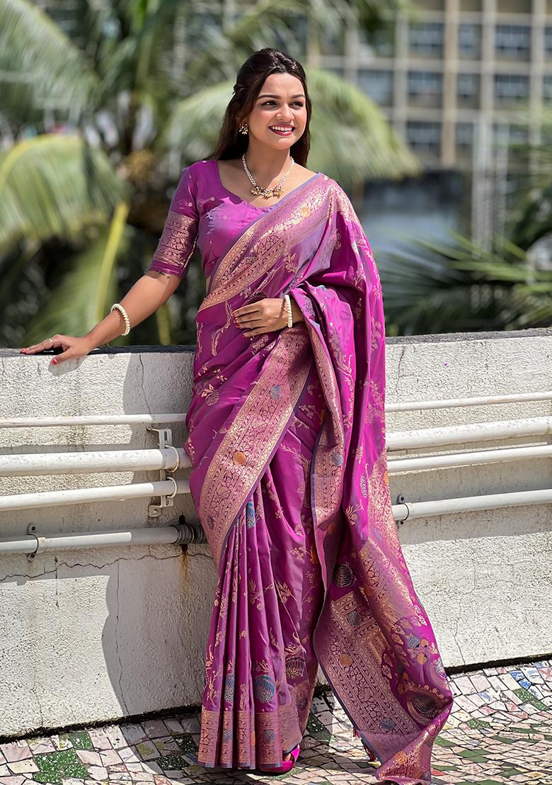 Onion Pink Embroidered Silk Saree Set - Indya