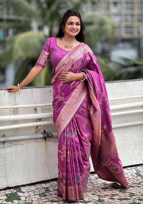 Onion Pink Embroidered Silk Saree Set