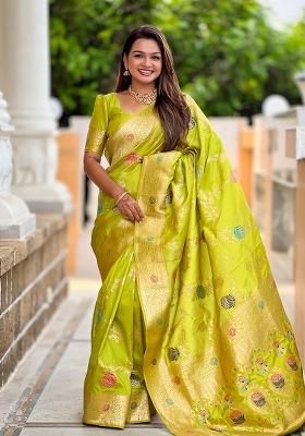 Parrot Green Embroidered Silk Saree Set