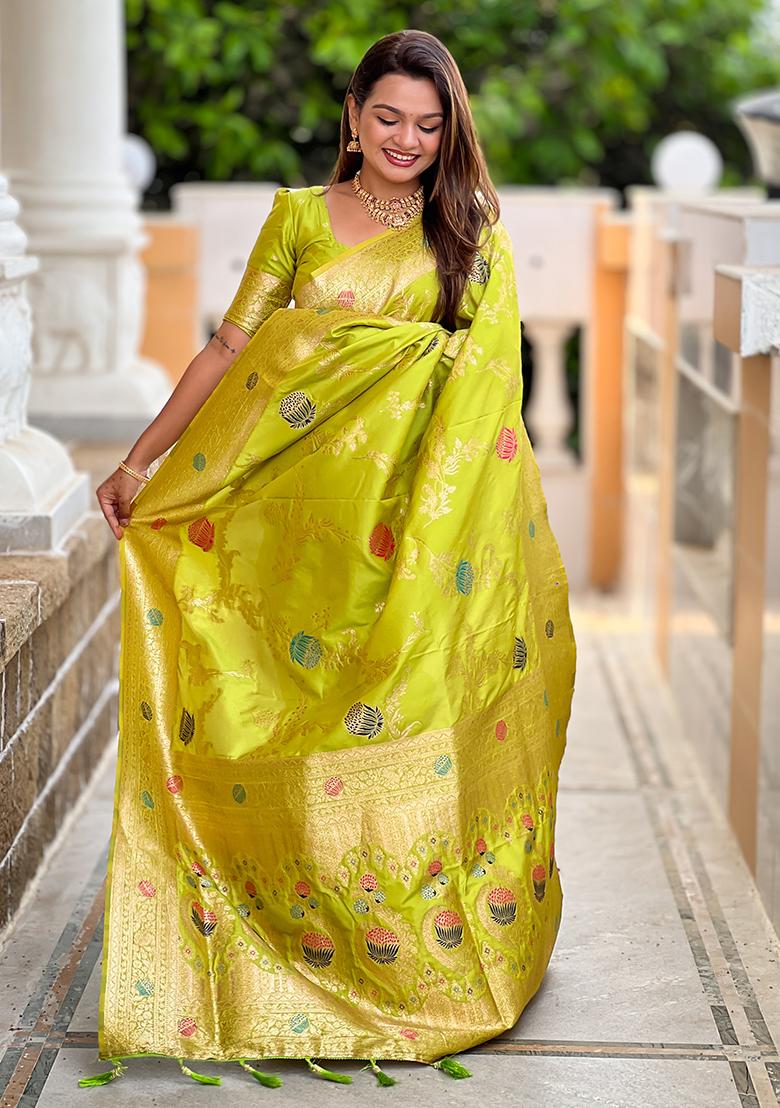 Parrot Green Embroidered Silk Saree Set - Indya