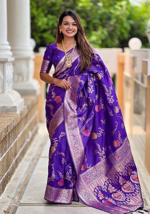 Purple Embroidered Silk Saree Set