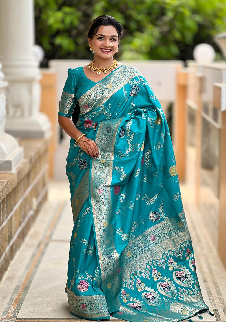 Firozi Blue And Red Embroidered Silk Saree Set