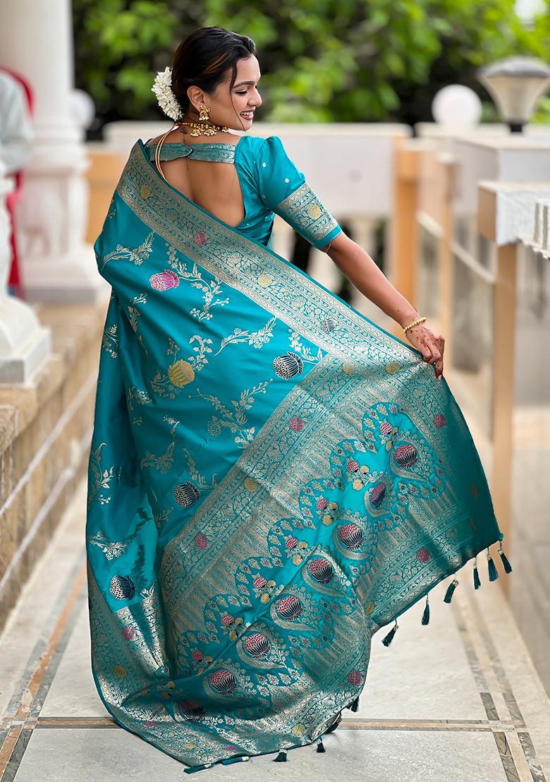 Firozi Blue And Red Embroidered Silk Saree Set