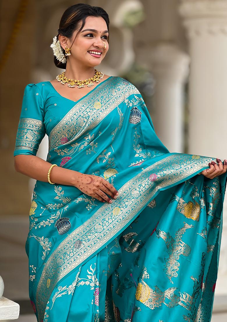 Firozi Blue And Red Embroidered Silk Saree Set