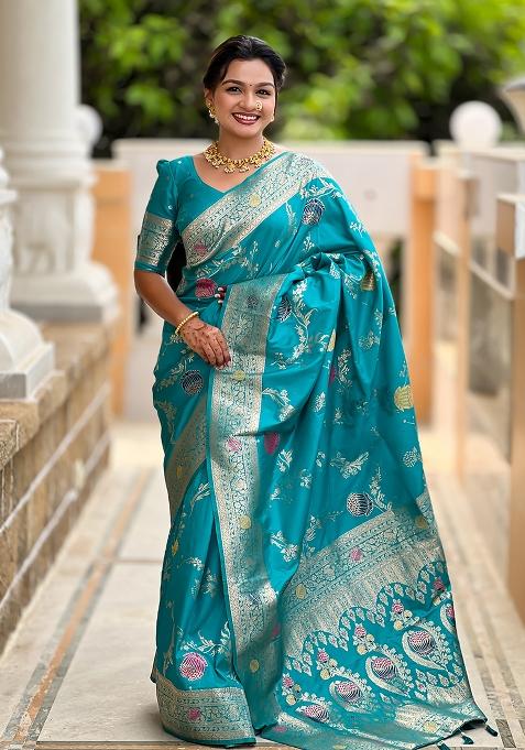 Firozi Blue And Red Embroidered Silk Saree Set