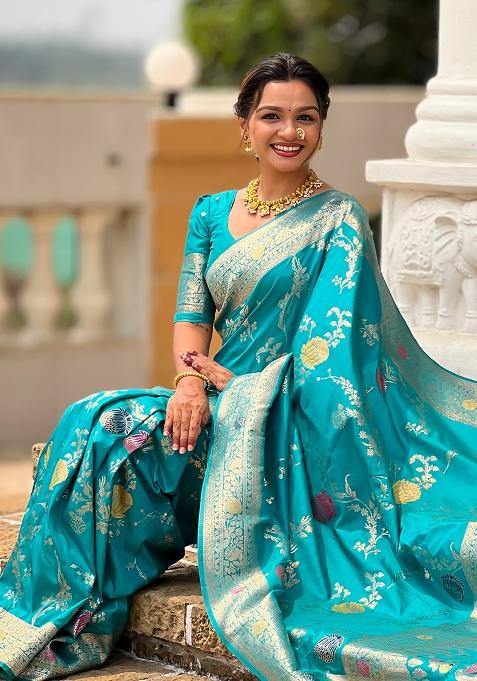 Firozi Blue And Red Embroidered Silk Saree Set