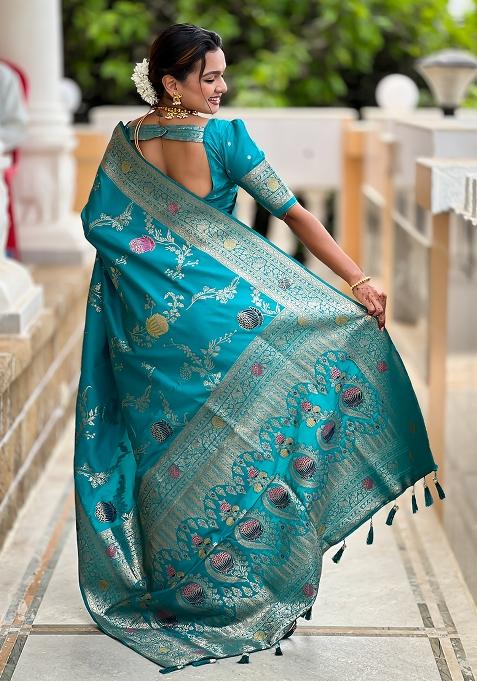 Firozi Blue And Red Embroidered Silk Saree Set