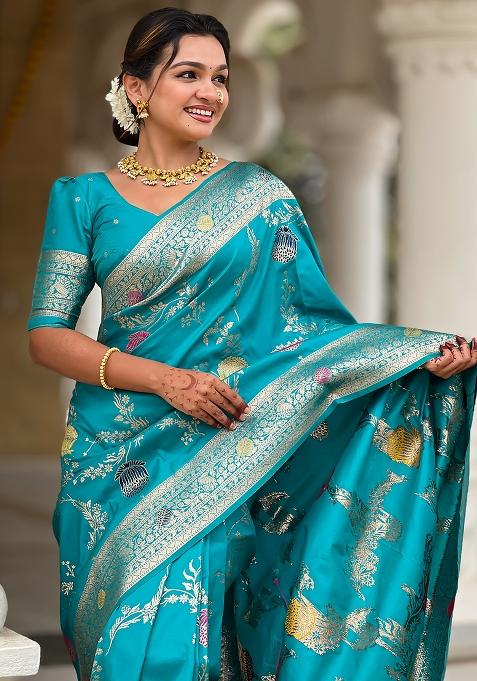 Firozi Blue And Red Embroidered Silk Saree Set