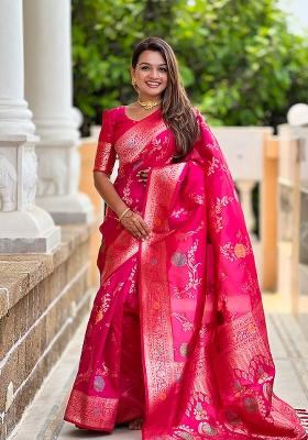 Rani Pink Embroidered Silk Saree Set