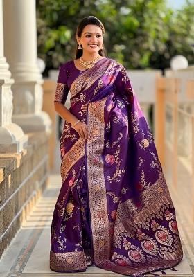 Wine Embroidered Silk Saree Set