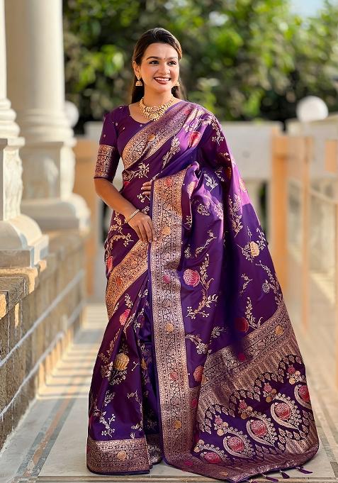 Wine Embroidered Silk Saree Set