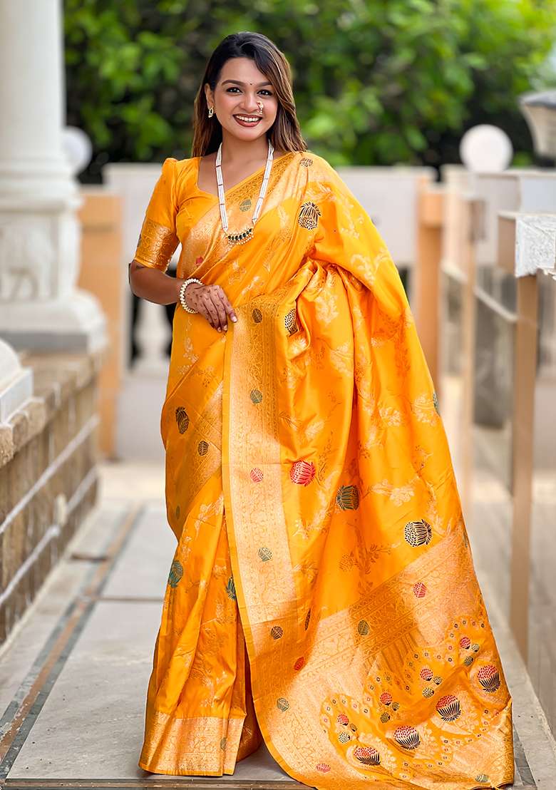 Yellow Embroidered Silk Saree Set - Indya