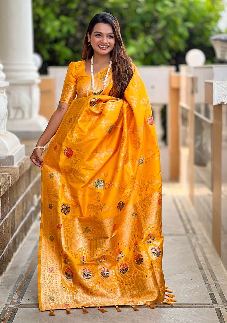 Yellow Embroidered Silk Saree Set - Indya