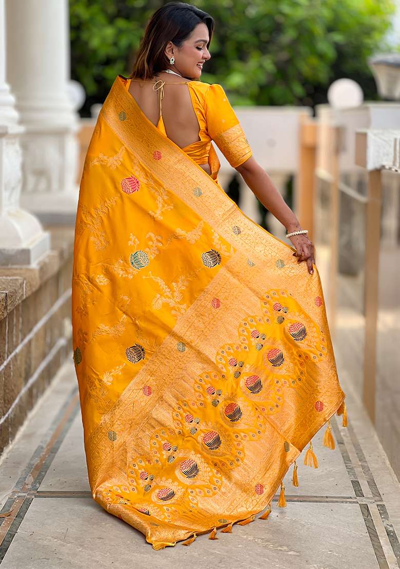 Yellow Embroidered Silk Saree Set - Indya