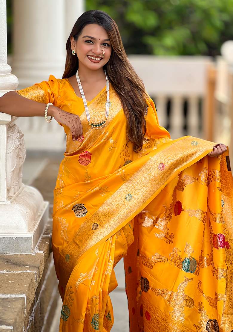 Yellow Embroidered Silk Saree Set - Indya