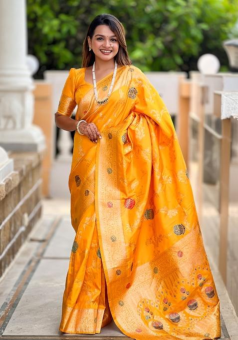 Yellow Embroidered Silk Saree Set