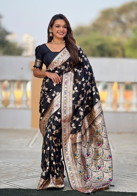 Black Embroidered Silk Saree Set