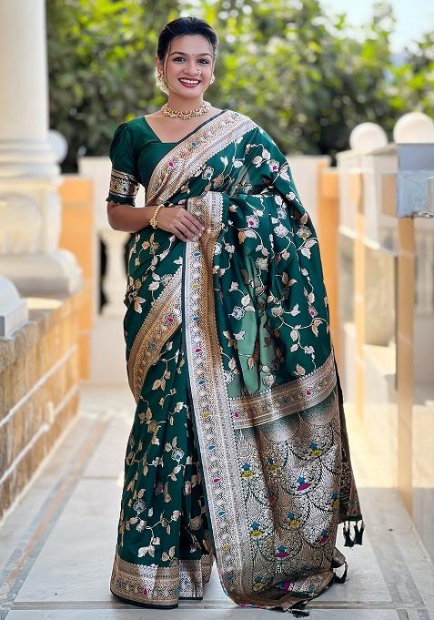 Green Embroidered Silk Saree Set