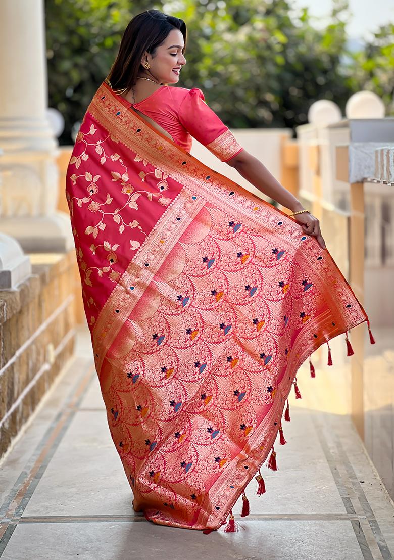 Gajri Red Embroidered Silk Saree Set