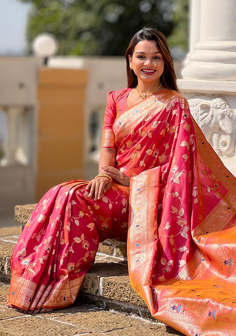 Gajri Red Embroidered Silk Saree Set