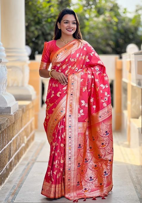 Gajri Red Embroidered Silk Saree Set