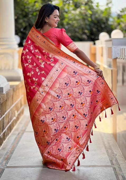 Gajri Red Embroidered Silk Saree Set