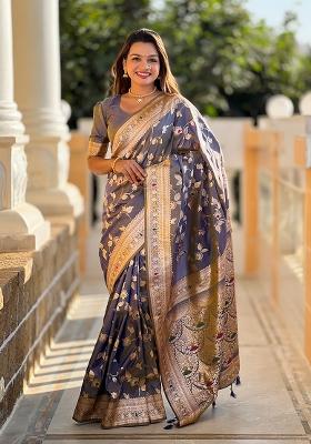 Grey Embroidered Silk Saree Set
