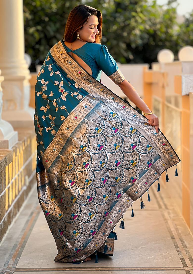 Teal Blue Embroidered Silk Saree Set