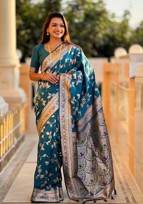 Teal Blue Embroidered Silk Saree Set