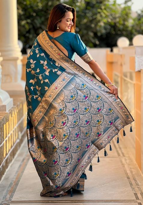 Teal Blue Embroidered Silk Saree Set