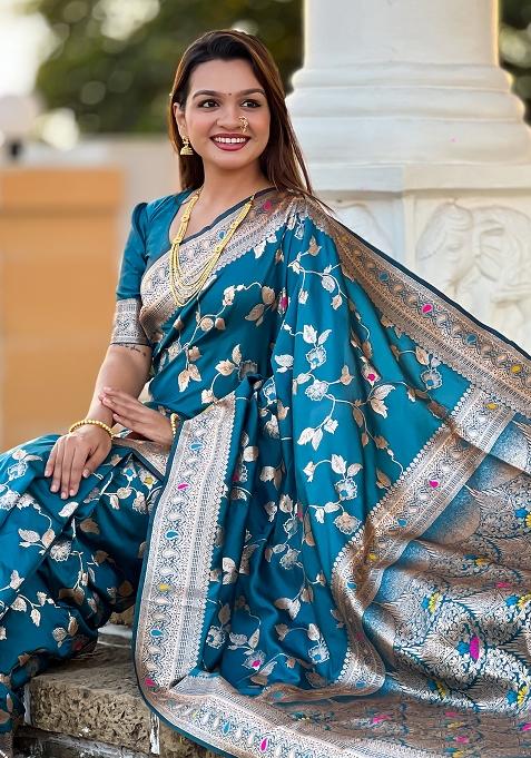 Teal Blue Embroidered Silk Saree Set