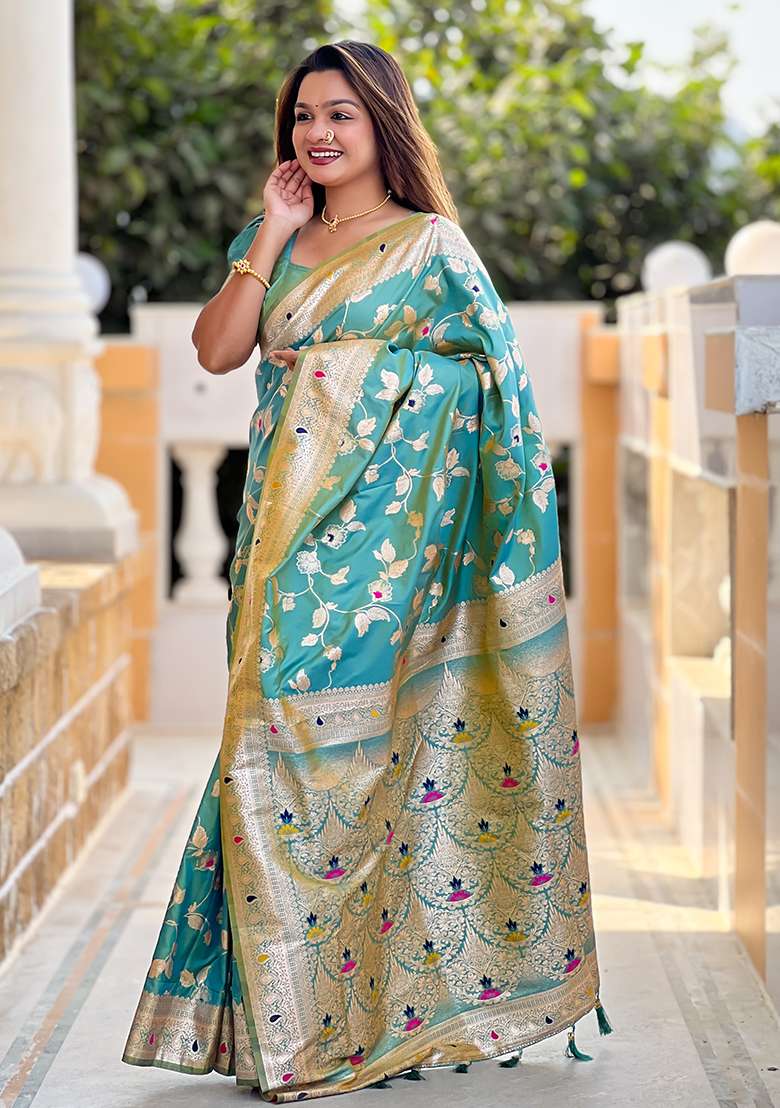 Pista Green Embroidered Silk Saree Set - Indya