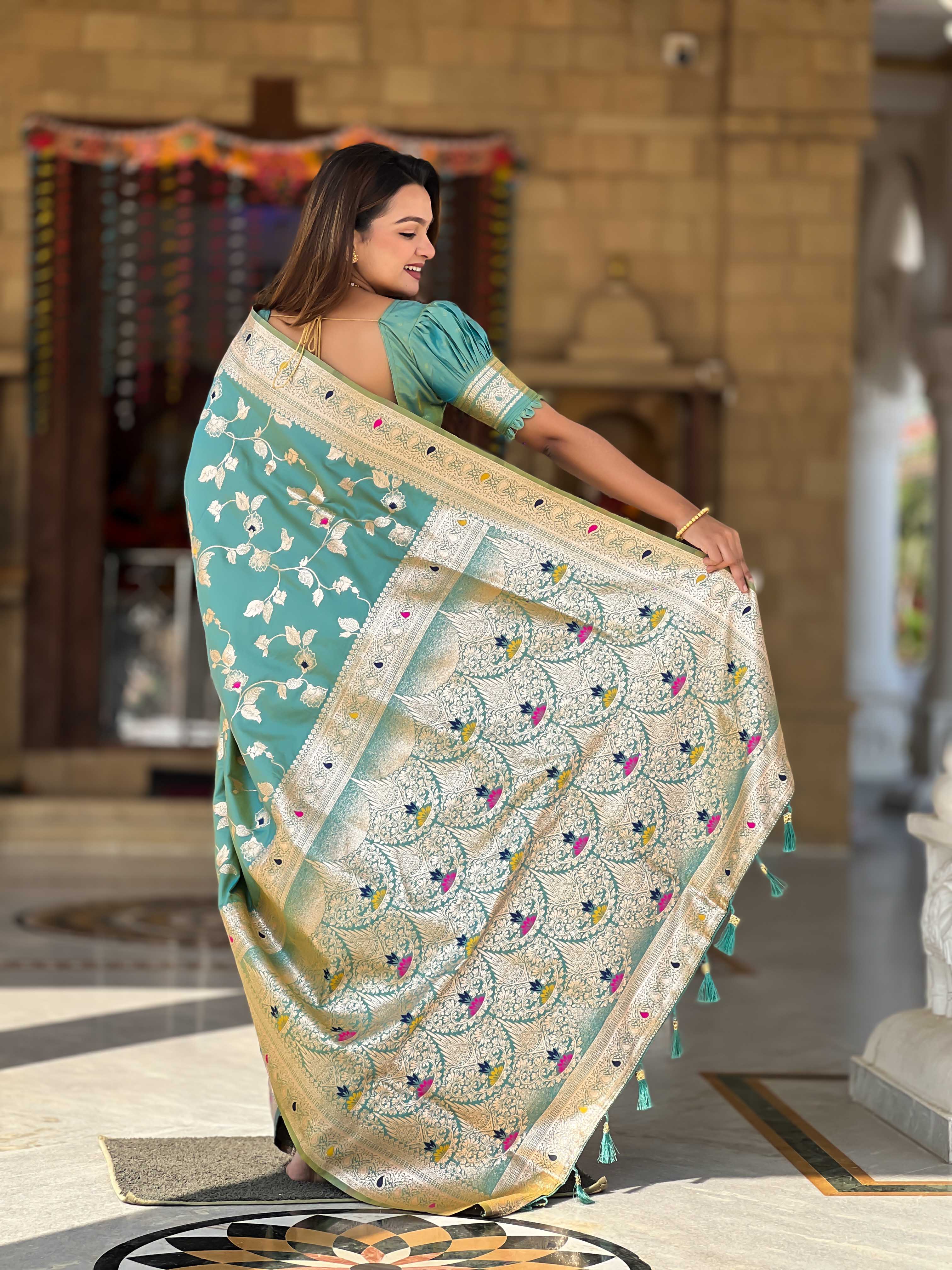 Pista Green Embroidered Silk Saree Set - Indya