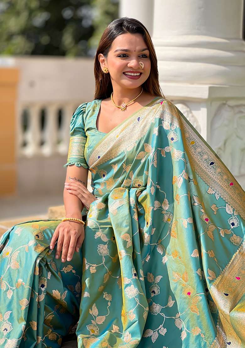 Pista Green Embroidered Silk Saree Set - Indya