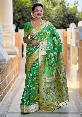 Parrot Green Embroidered Silk Saree Set