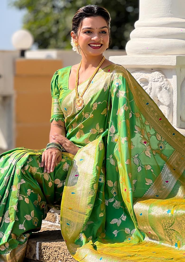 Parrot Green Embroidered Silk Saree Set - Indya
