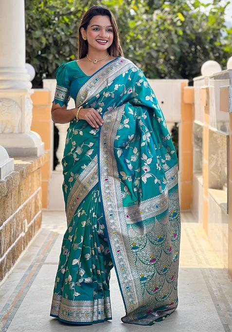 Rama Blue Embroidered Silk Saree Set
