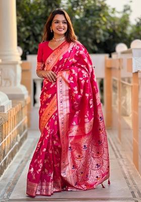 Rani Pink Embroidered Silk Saree Set