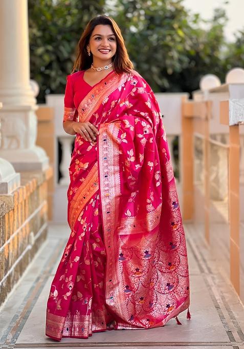 Rani Pink Embroidered Silk Saree Set