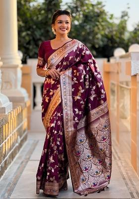 Wine Embroidered Silk Saree Set