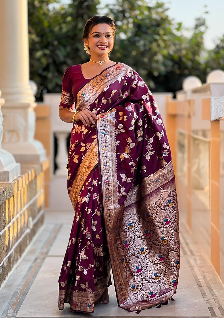 Wine Embroidered Silk Saree Set