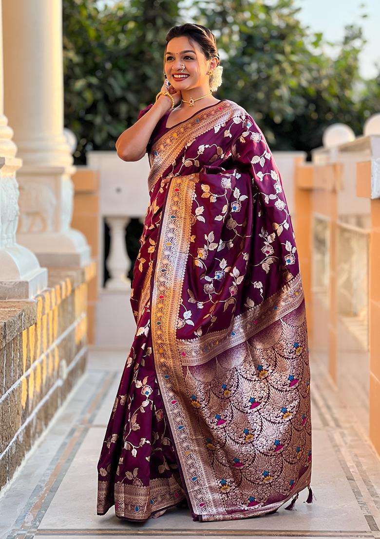 Wine Embroidered Silk Saree Set