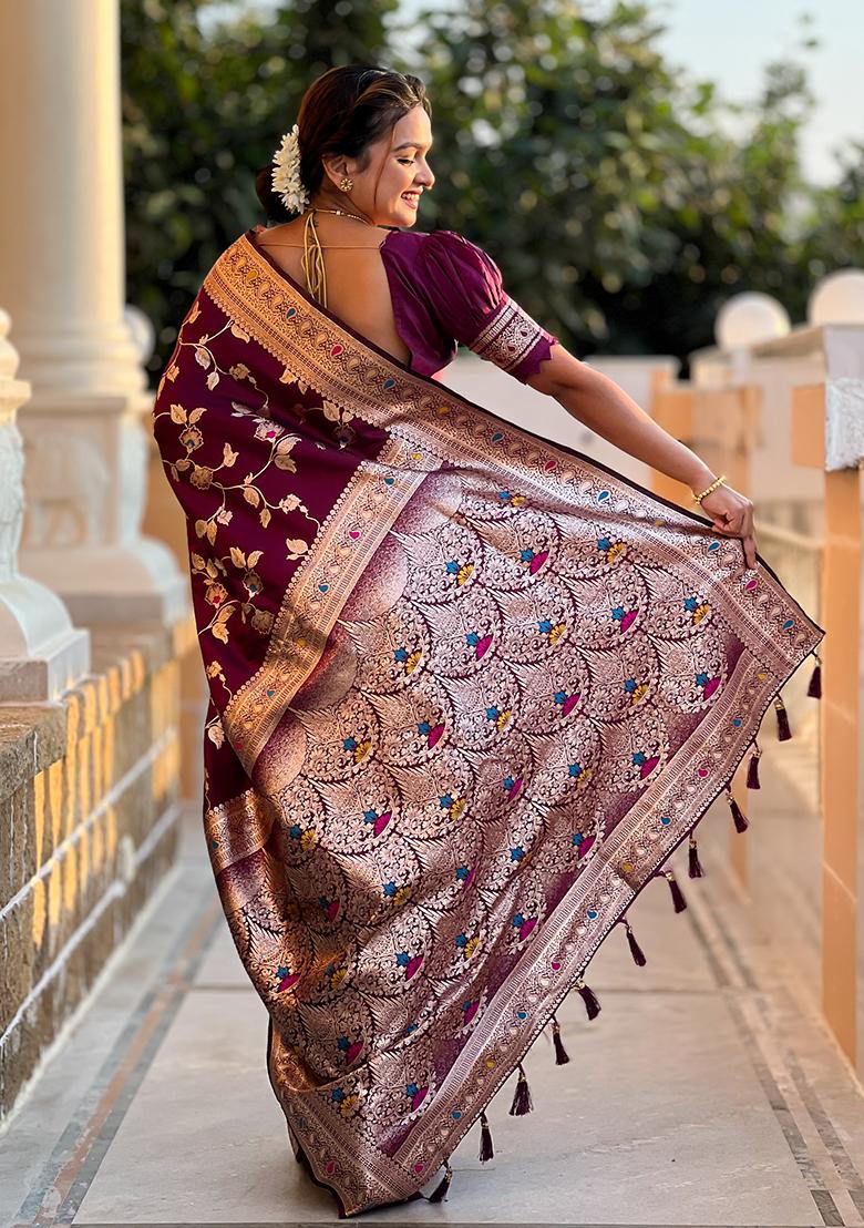 Wine Embroidered Silk Saree Set