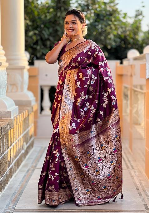 Wine Embroidered Silk Saree Set