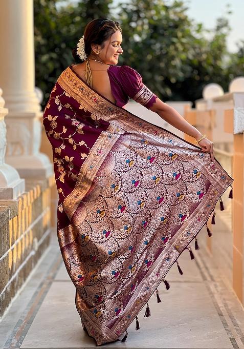 Wine Embroidered Silk Saree Set