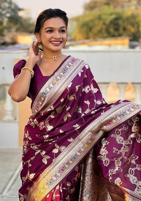 Wine Embroidered Silk Saree Set
