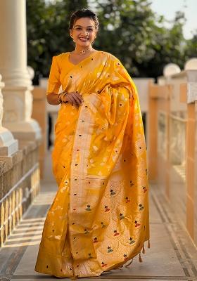 Yellow Embroidered Silk Saree Set