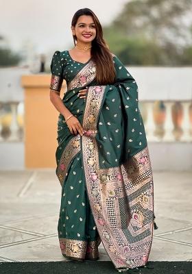 Green Embroidered Silk Saree Set