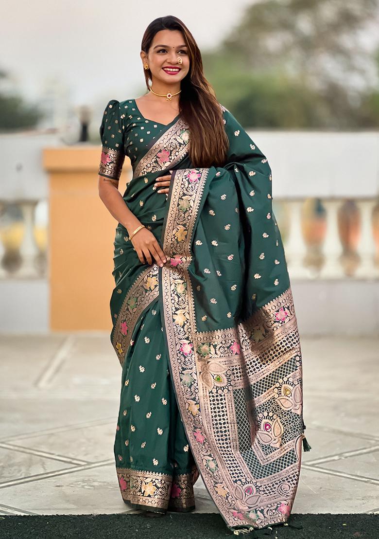 Green Embroidered Silk Saree Set